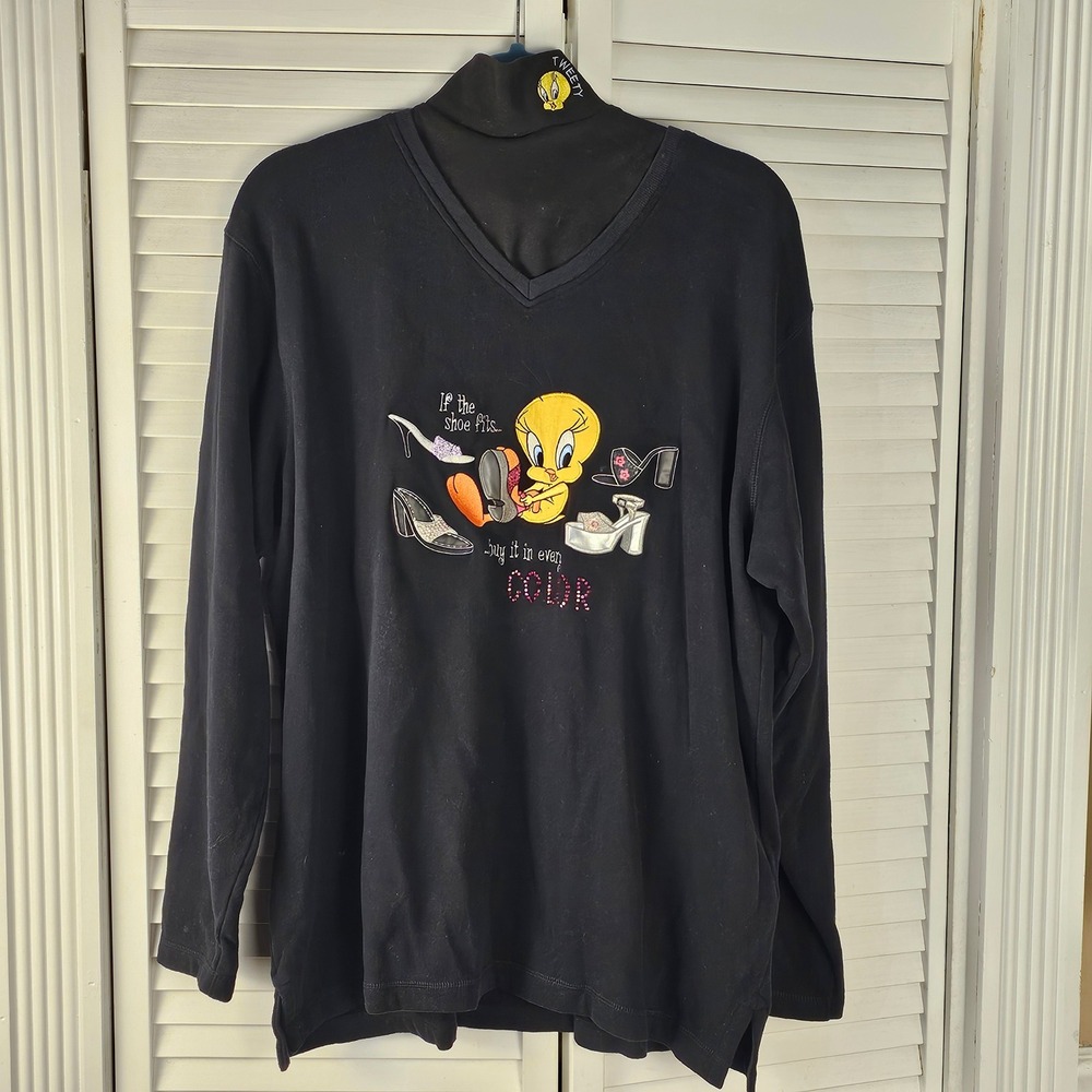 NOS Vintage Warner Bros Black Tweety Bird Embroidered Sweater & Dickie Large NWT
